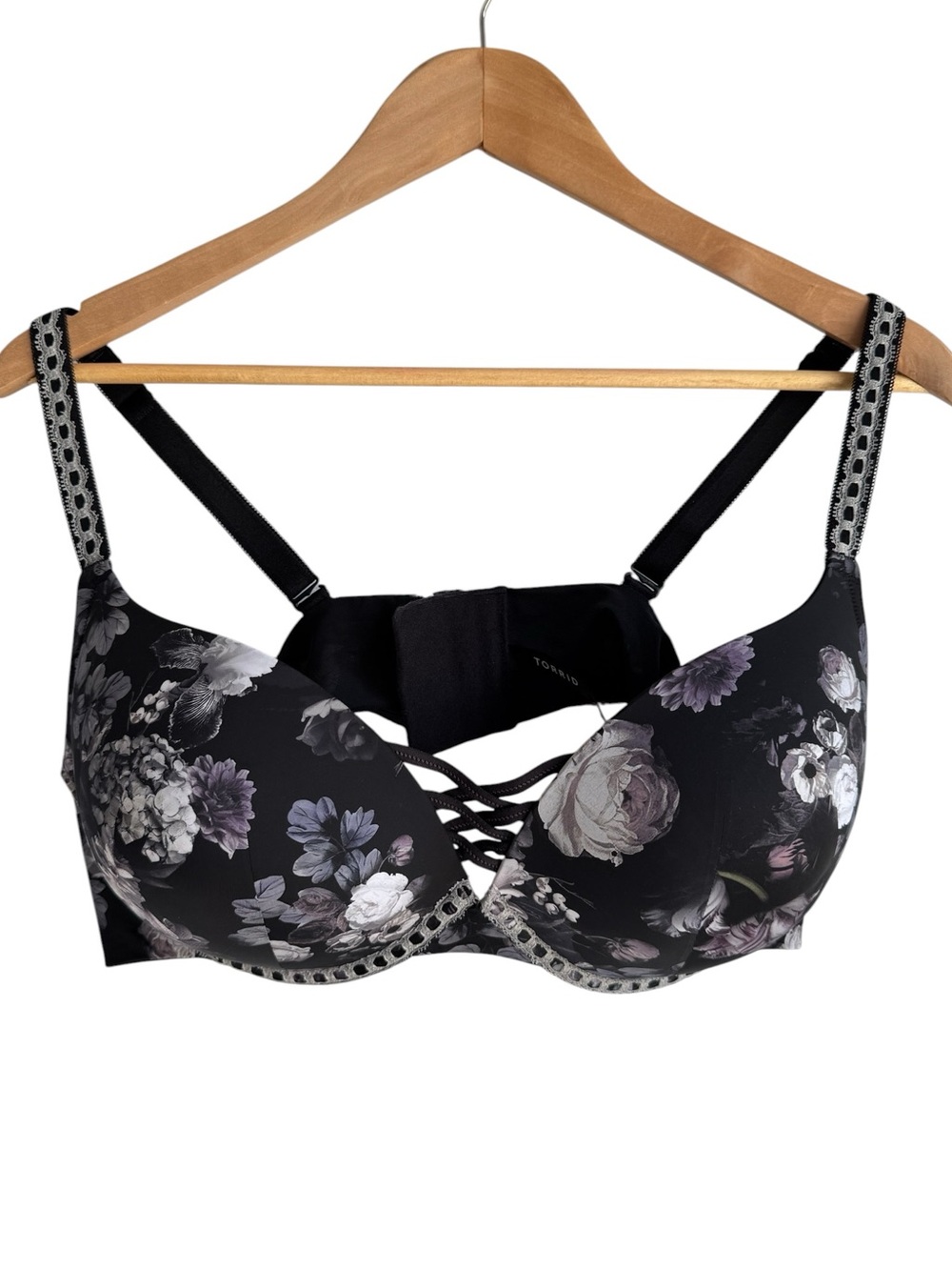 Torrid XO Plunge Push Up 44C Black Floral Underwire Bra Back Closure Sexy